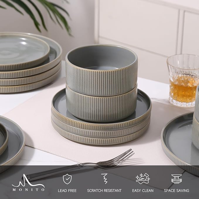 MONITO Ceramic Dinnerware Sets for 4, 12PCS Stoneware Plates and Bowls Sets, Reactive Glaze Dish Set, Chip and Scratch Resistant Double, Microwave and Dishwasher Safe, Sage Mist