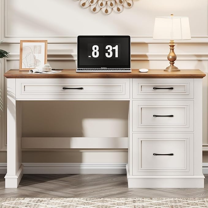 Farmhouse 47" Executive Desk, Computer Desk with Drawers and File Drawer, Workstation Computer Desk with Charging Station for Home Office,Study (Unique White)
