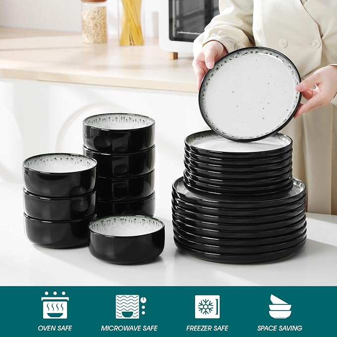 vancasso PLAYA Plates and Bowls Sets, 24 Pieces Beige Dinnerware Sets for Kitchen, Reactive Glaze Dishes Set for 8, Dishwasher and Microwave Safe