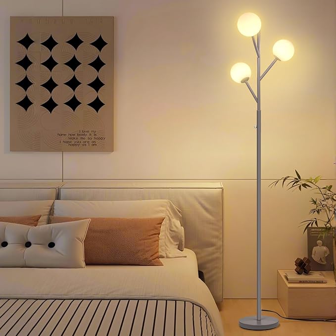 Ldeco Dimmable 3-Globe Mid Century Modern Floor Lamp, Bulbs Included,70in Tall Silver Standing Floor Lamp with Frosted Glass Shade for Living Room,Office Bedroom, Study Room, Hotel, (dimmer-Silver)