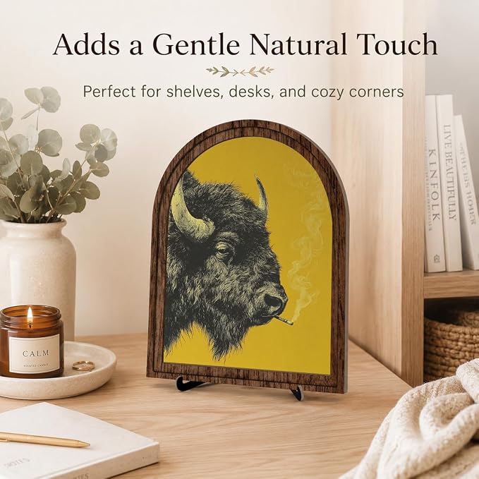 Rustic Home Wooden Frame Decor, Retro Whimsical Smoking Bison Framed Decor, Arched Wooden Frame with Stand, Vintage Buffalo Art Print, Funny Tabletop & Wall Accent for Living Room, Bedroom