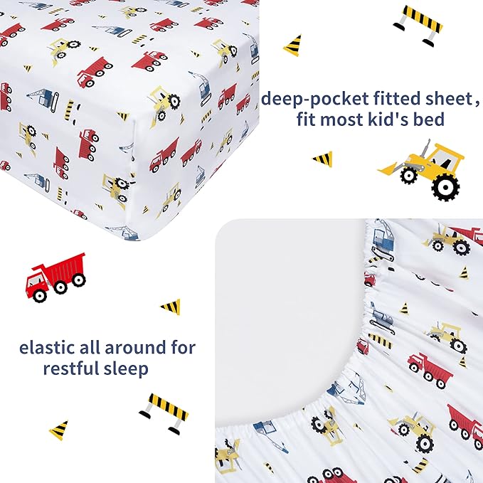 Viviland 3 Pieces Boys White Twin Sheet Set - Soft Microfiber Fitted Flat Sheets & Pillowcase Bed Sheet Set- Red Excavator Construction Tractor Truck Bedding Sets - for Kids & Toddlers
