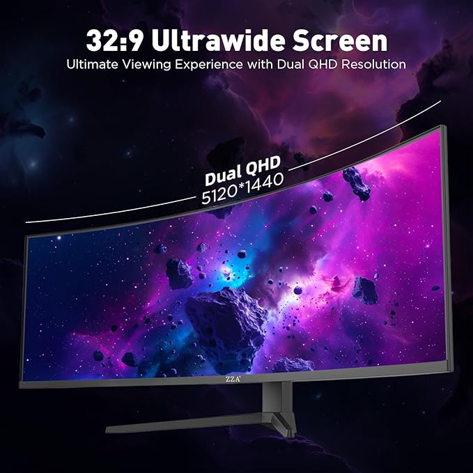 ZZA 49 Inch Curved Monitor, 32:9 Dual QHD 5120x1440 Ultrawide Curved Monitor, 120Hz with 1500R Curvature, 120% sRGB, Height Adjustable Stand, HDMI 2.1 & DisplayPort 1.4