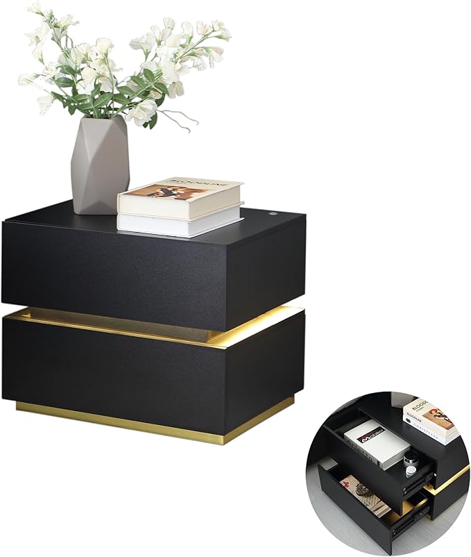 Black Nightstand, LED Fluted Night Stand with Charing Station, Small Nightstand 2 Drawers, Bedside Table with USB Ports, Modern End Side Table for Bedroom/Livingroom