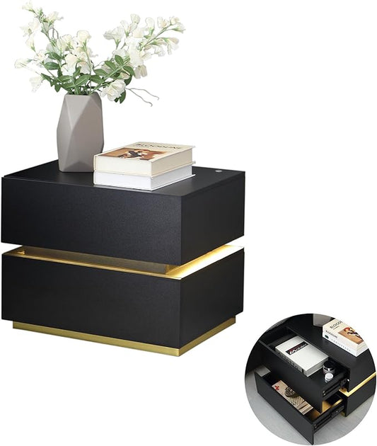 Black Nightstand, LED Fluted Night Stand with Charing Station, Small Nightstand 2 Drawers, Bedside Table with USB Ports, Modern End Side Table for Bedroom/Livingroom