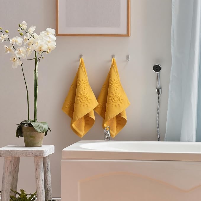 SmoothNovelty 2 Pcs Boho Hand Towels Orange Yellow Towels for Bathroom Sunshine Cotton Absorbent Jacquard Weave 3D Sun Kitchen Decor for Gift Christmas Drying Cleaning Cooking(Yellow)