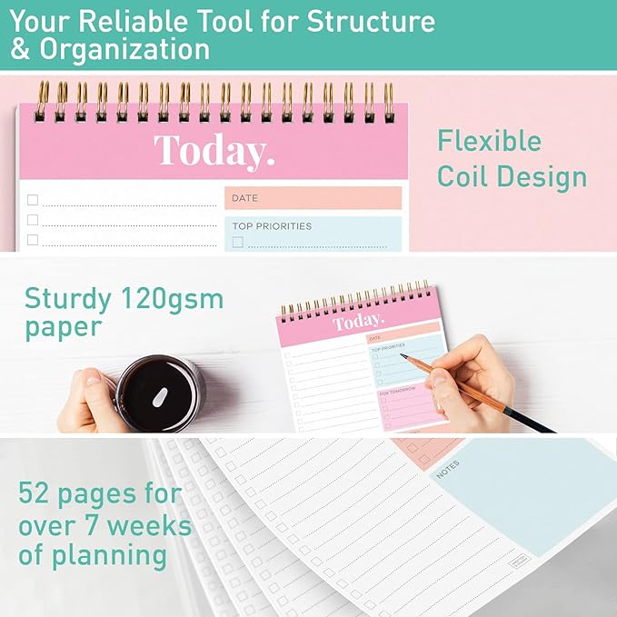 Sweetzer & Orange Daily & Weekly To Do List Notepad – Undated Work Planner & Organizer with Wish List Section, 52-Sheet Coiled Task Pad for Productivity – PINK To Do List Notebook for Work