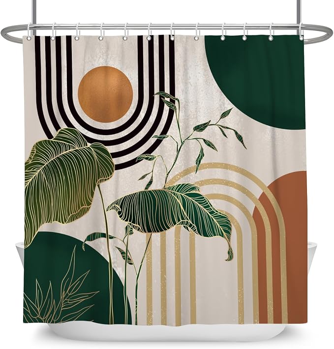 Boho Green Geometric Shower Curtain Bohemian Abstract Mid Century Tropical Bathroom Curtain Minimalist Modern Palm Leaf Shower Curtain Sets for Bathroom Extra Long 60x72 in with 10 Hooks