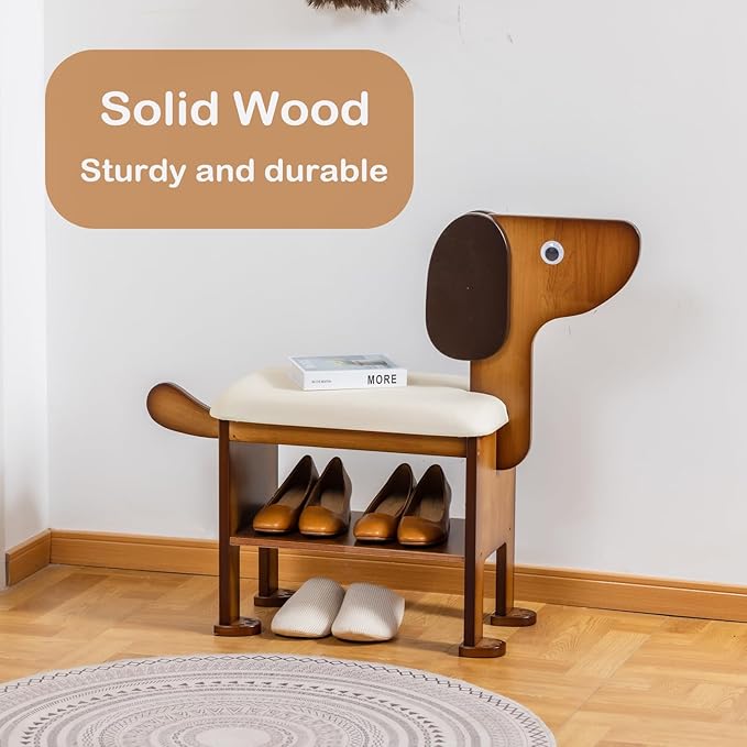 SOBIBO Shoe Bench with Cushion, 2-Tier Dog Entryway Bench Cute, Wood Shoe Rack Bench,19.69 inches