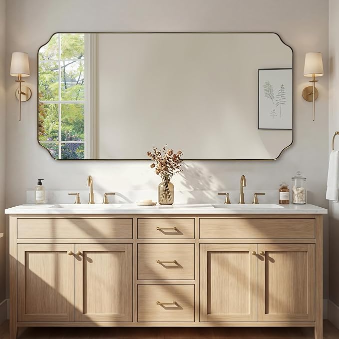 ANDY STAR 30"x60" Large Bathroom Mirror, Gold Scalloped Mirror for Bathroom, Brushed Brass Full Length Wall Mirror with Rust-Proof Stainless Steel Frame, Hangs Vertically or Horizontally