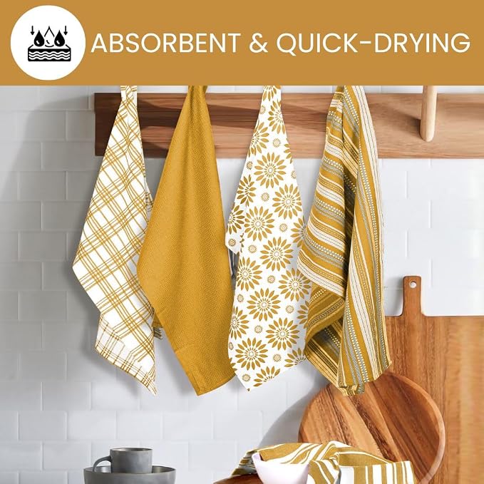Assorted Kitchen Towels Large 16x26 inches 100% Cotton Set of 5 - Soft Absorbent Washable Tea Towel for Kitchen - Dish Cloths with Hanging Loop - Quick Drying Towels Yellow Mustard