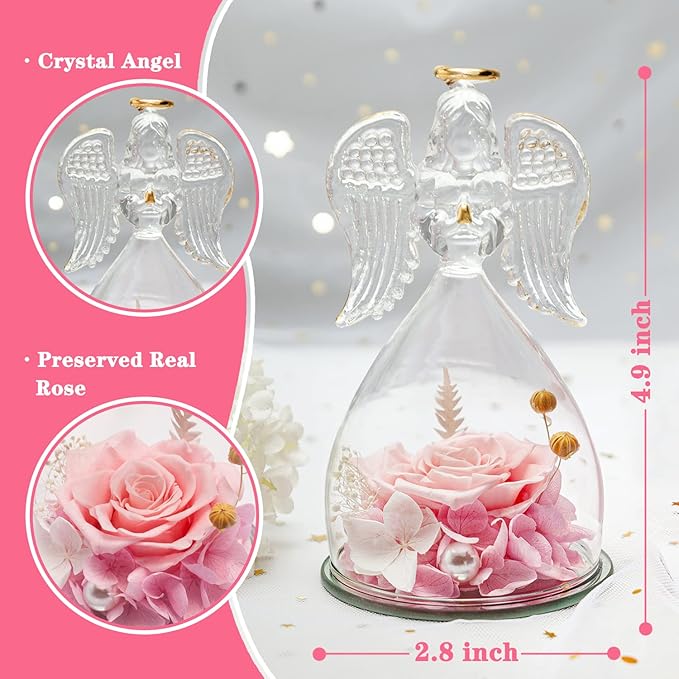 ANWEAO Women Gifts for Christmas Preserved Rose Forever Flower in Glass Angel Figurines Fresh Flowers for Delivery Prime Gifts for Mom, Real Pink Roses Gift for Grandma Mom Sister Wife Her