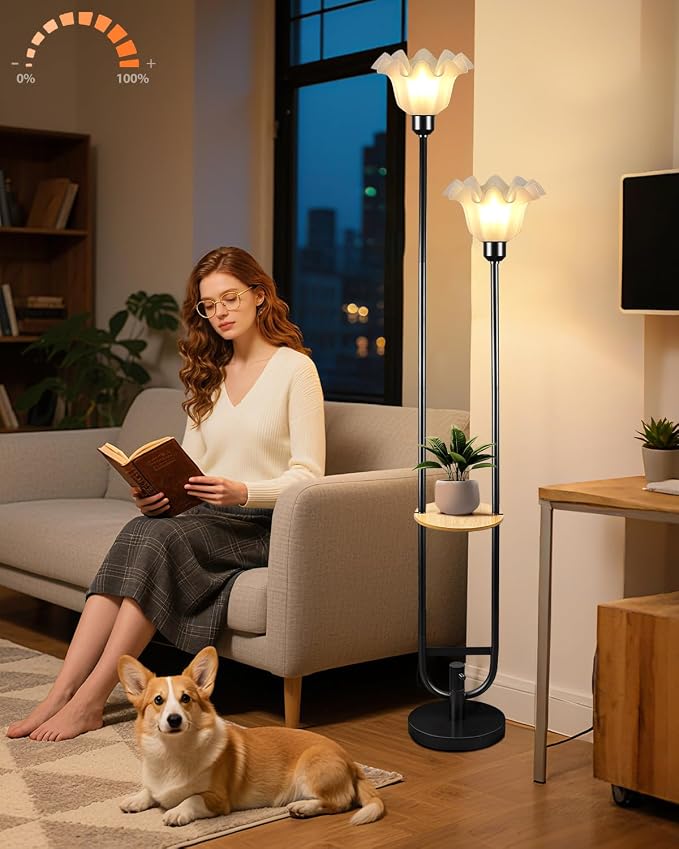Flower Floor Lamps with Table, 2-Lights Floral Floor Lamp Dimmable, 3000K Warmwhite Modern Floor Lamp, Vintage Black Standing Lamp with 5Lbs Heavy Base for Living Room Bedroom Girls Room