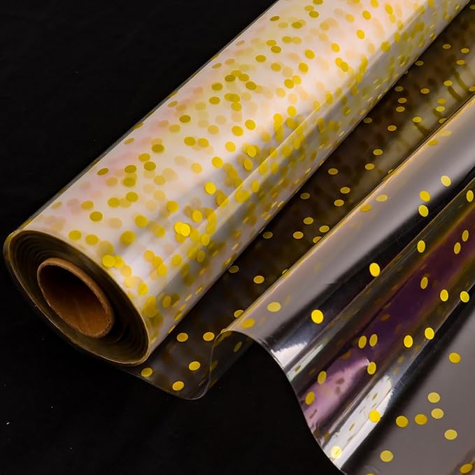 CMFYHM Clear Cellophane Wrap Roll(34" x 120’Ft) 3Mil Gold Polka Dot Cellophane, Cellophane Gift Wrap Roll, Cellophane Wrap for Gifts, Baskets, Flowers, Party Decorations
