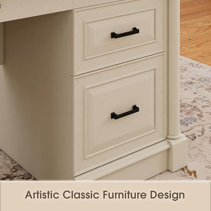 61.85″ Executive Desk with Roman Column Design, Large Boss Office Desk 3 Drawers incl. File Drawer, Keyboard Tray, Cabinet Shelf with Door, White with Brown Desktop
