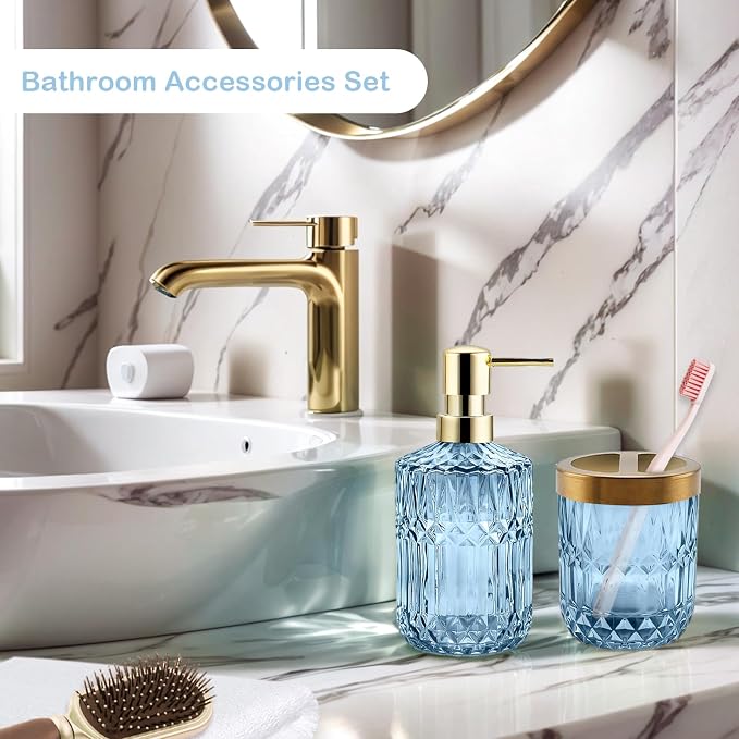 2Pcs Blue Bathroom Accessories Set, Glass Bathroom Accessories, Vintage Bathroom Countertop Decoration Includes Soap Dispenser, Toothbrush Holder