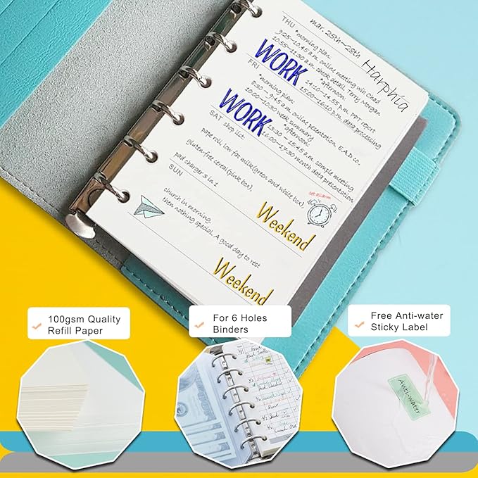 A7 Planner Refills, 4 Packs per Set, Weekly Plan Paper, A7 6 Ring Binder Inserts Refill with Label Stickers Gift,Mini Binder Refills,6 hole/100gsm Thick Paper/4.84 x 3.23'', Harphia