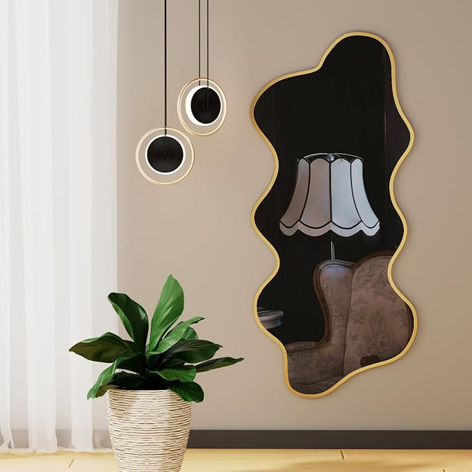 Irregular Wall Mirror Wavy Asymmetrical Shaped Aluminum Alloy Framed Big Unique Full Length Mirror for Living Room Bathroom Bedroom Entryway Fireplace (Gold, 47"x21")