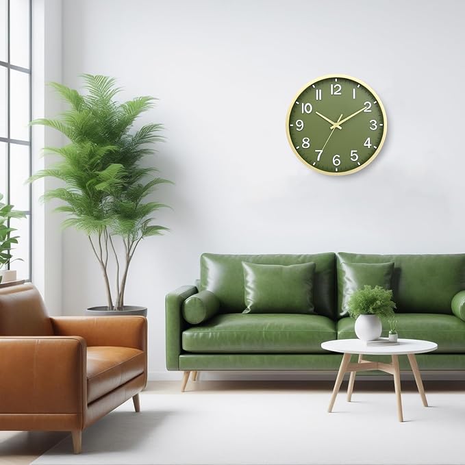 Wall Clocks Battery Operated 10 inch Modern Wall Clock,Silent Non Ticking Wall Clock for Living Room Bedroom Kitchen Office Classroom Decor (Green Gold)
