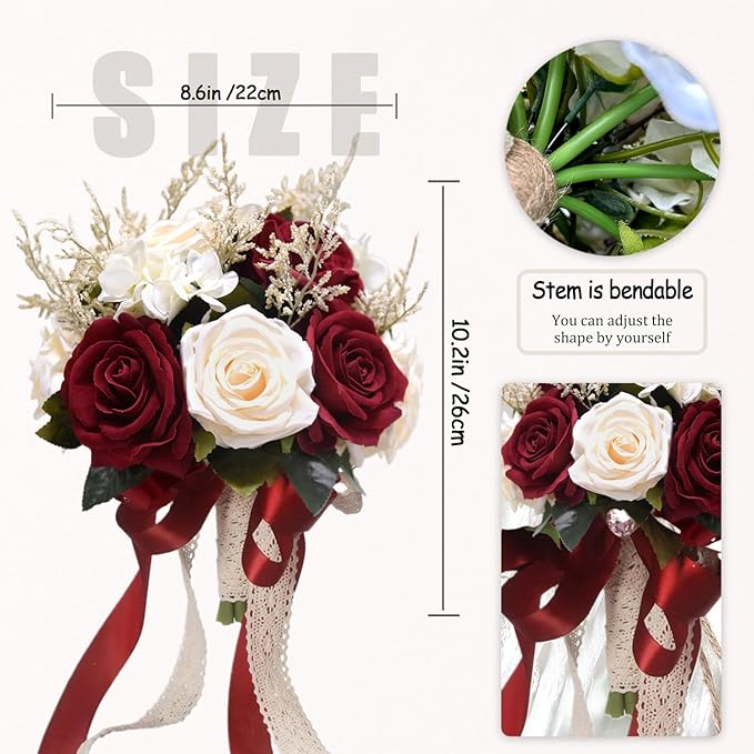 8.6in Wedding Bouquets for Bride Bridesmaid,White Champagne Red Burgundy Rose Artificial Fake Silk Flowers Bridal Bouquets for Wedding With Ribbon Handle Boho Rustic Church Decoration Toss Bouquet