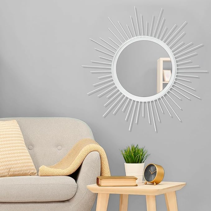 Mirrors for Wall Sunburst Decor Art Mirror Bohemian Home Round Modern Metal Mirror for Bedroom Living Room Hallway Bathroom Balcony Farmhouse White 24" x 24"