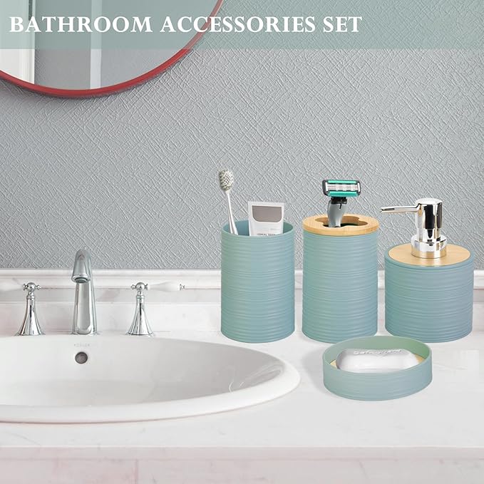 4 Pieces Bamboo Bathroom Accessories Set, Bathroom Accessory Set with Soap Dispenser and Toothbrush Holder, Soap Dish and Toothbrush Cup, Boho Bathroom Decor(Aqua)