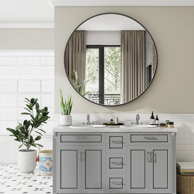 VooBang Large Black Round Bathroom Mirror, 48 inch Circle Wall Mounted Hanging Mirror with Simple Modern Circular Metal Frame for Hallway, Entryway, Living Room, Black Frame