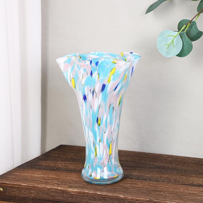 9.0" H Blue Glass Vases for Flowers, Unique Hand Blown Glass Vase Blue Home Decor, Wide Mouth Colorful Flower Vase Centerpieces, for Living Room Table Bookshelf, Bathroom Office Shelf Decorative