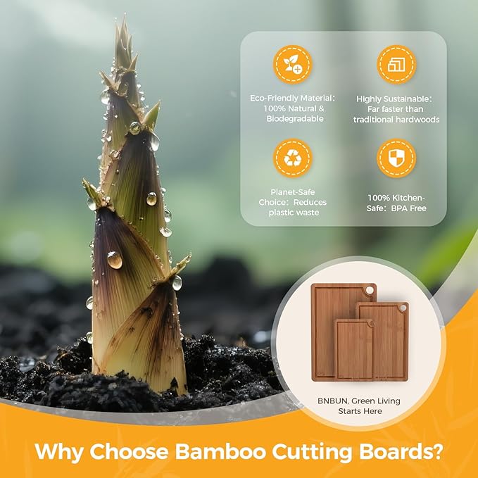 Bamboo Cutting Board for Kitchen, Wooden Cutting Board 3-Piece Set with Non-Slip Mat Deep Juice Groove and Built-In Handles, Wood Cutting Board for Meat Vegetables Fruit Ideal Gift for the Home
