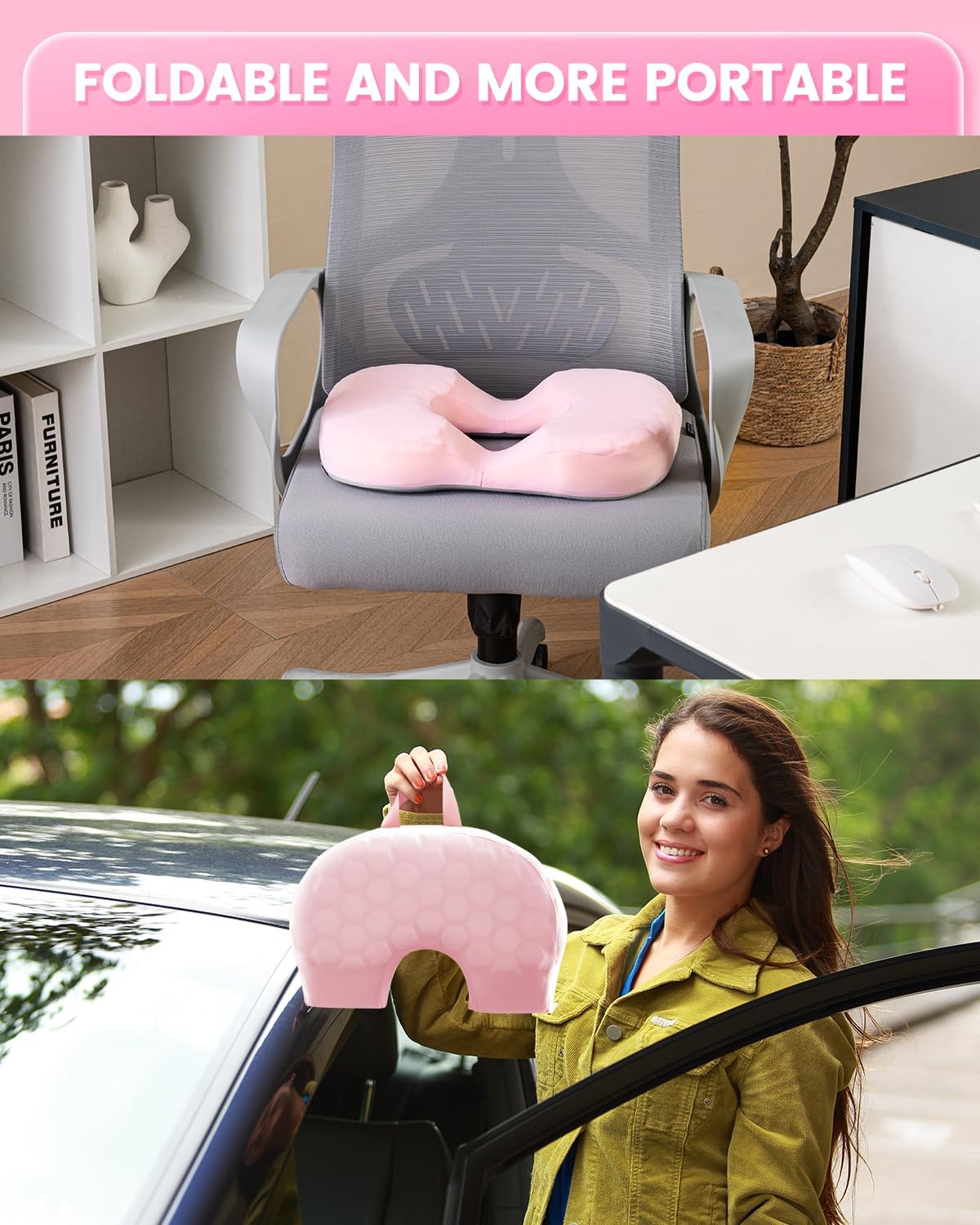 Skiennix Portable Donut Pillow - Memory Foam Tailbone Cushion with Non-Slip Cover | Pink for Pain Relief