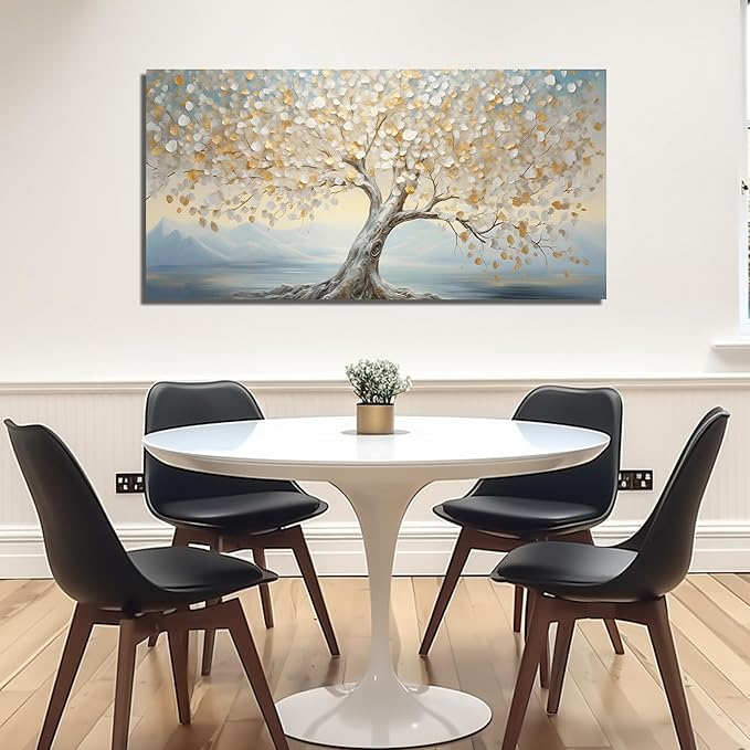 JuhaiArt Tree Canvas Art White Wall Decorations Light Blue Wall Picture for Living Room Bedroom Home Office Gold Artwork Art 24" x 48"