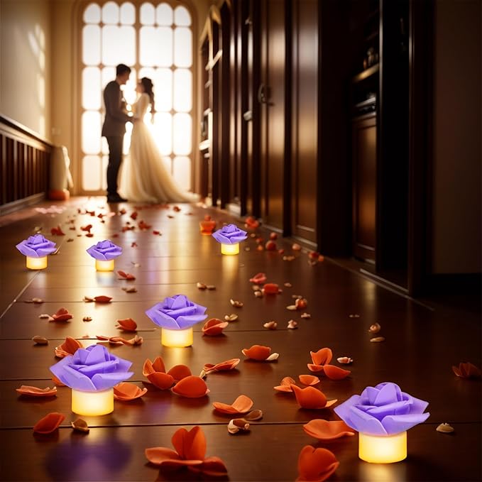 12 Pack LED Tea Lights Candles with Artificial Rose Petals, Romantic Flameless Battery Operated Candles for Valentines Wedding Proposals Christmas Decor (Purple)