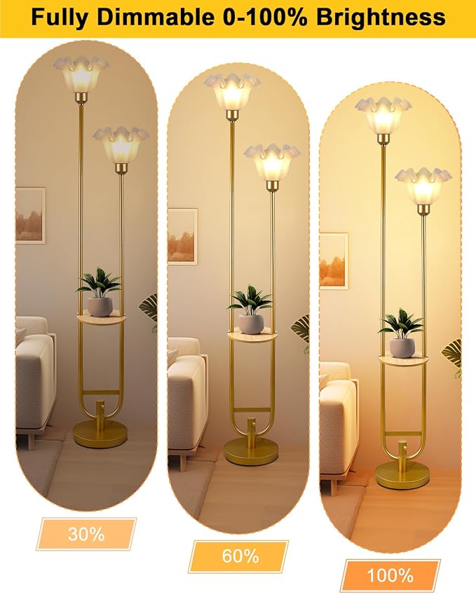 Flower Floor Lamps with Table, 2-Lights Dimmable Floral Floor Lamp, 3000K Warmwhite Modern Floor Lamp, Vintage Gold Standing Lamp with 5Lbs Heavy Base for Living Room Bedroom Girls Room