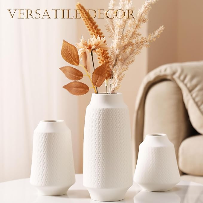 Ceramic Vase Set of 3 - Handcrafted Ceramic Vases for Home Decor & Shelf - Modern Farmhouse Decor for Kitchen, Office, Bedroom & Living Room Decorative Objects for Mantel, Table Centerpieces