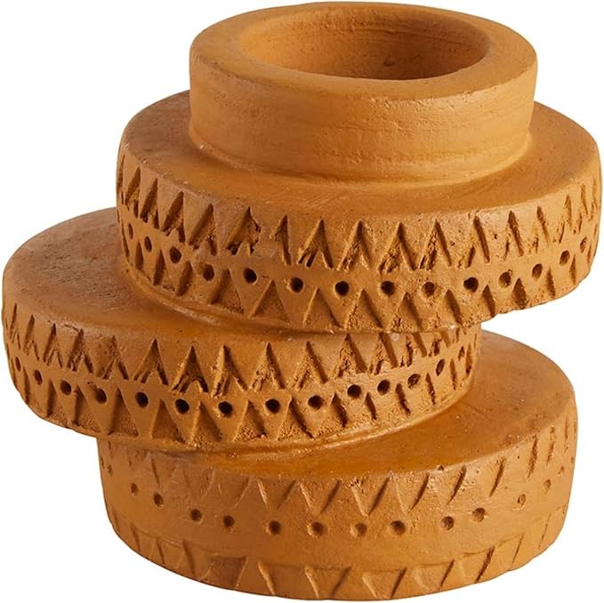 47th & Main Votive Candleholder Large Boho Terra Cotta Candle Holder, 4" Tall, Stacked Disks