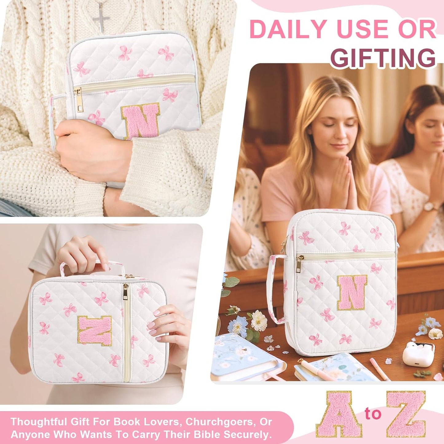 Skiennix Personalized Initial Bible Cover - Stylish Quilted Case with Handle for Women & Girls | Pink Bow-N