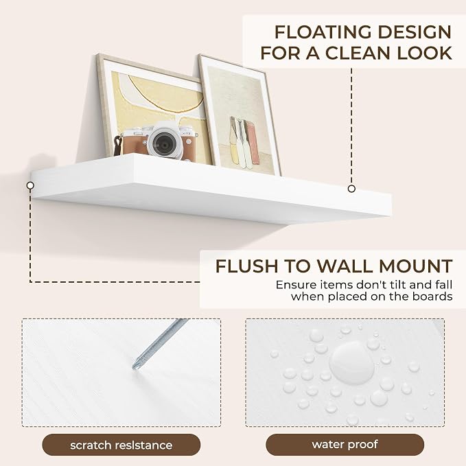 RICHFOCUS 36Inch Floating Shelves for Wall 2 Pack Shelves for Bedroom|Kitchen|Bathroom Wall Mounted Rustic Wood Floating Shelf with Invisible Brackets for Books|Storage|Decor, White
