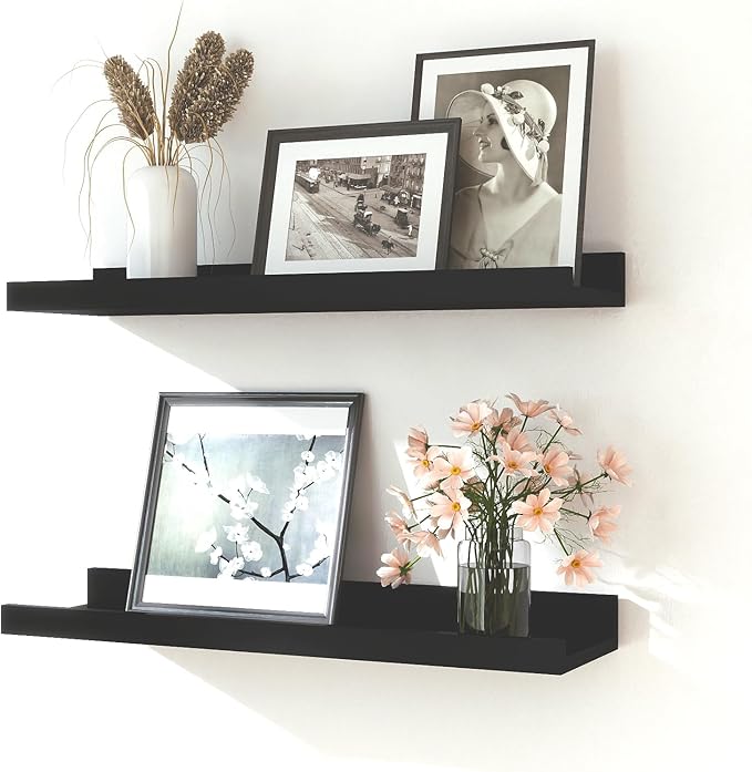 Black Floating Shelves for Wall Decor, Wall Mounted Wood Storage Shelf for Bedroom, Living Room, Bathroom, Kitchen, Nursery, Display Picture Ledge Shelf with Lip Set of 2-16 Inches, Black