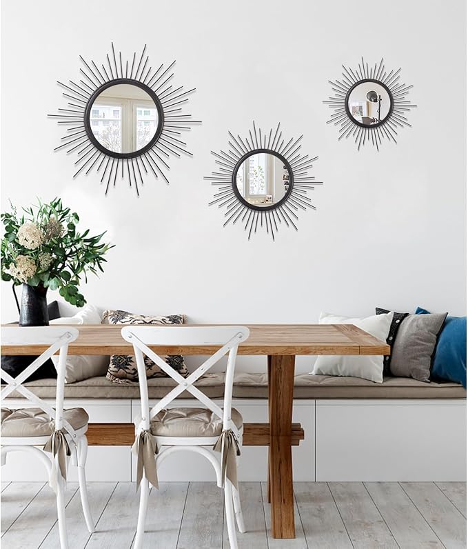Sunburst Wall Mirror, Black Large Spoked Wall Decor Mirror Bohemian Home Round Modern Metal Wall Art Mirror for Living Room Hallway Bedroom Bathroom 24" x 24"