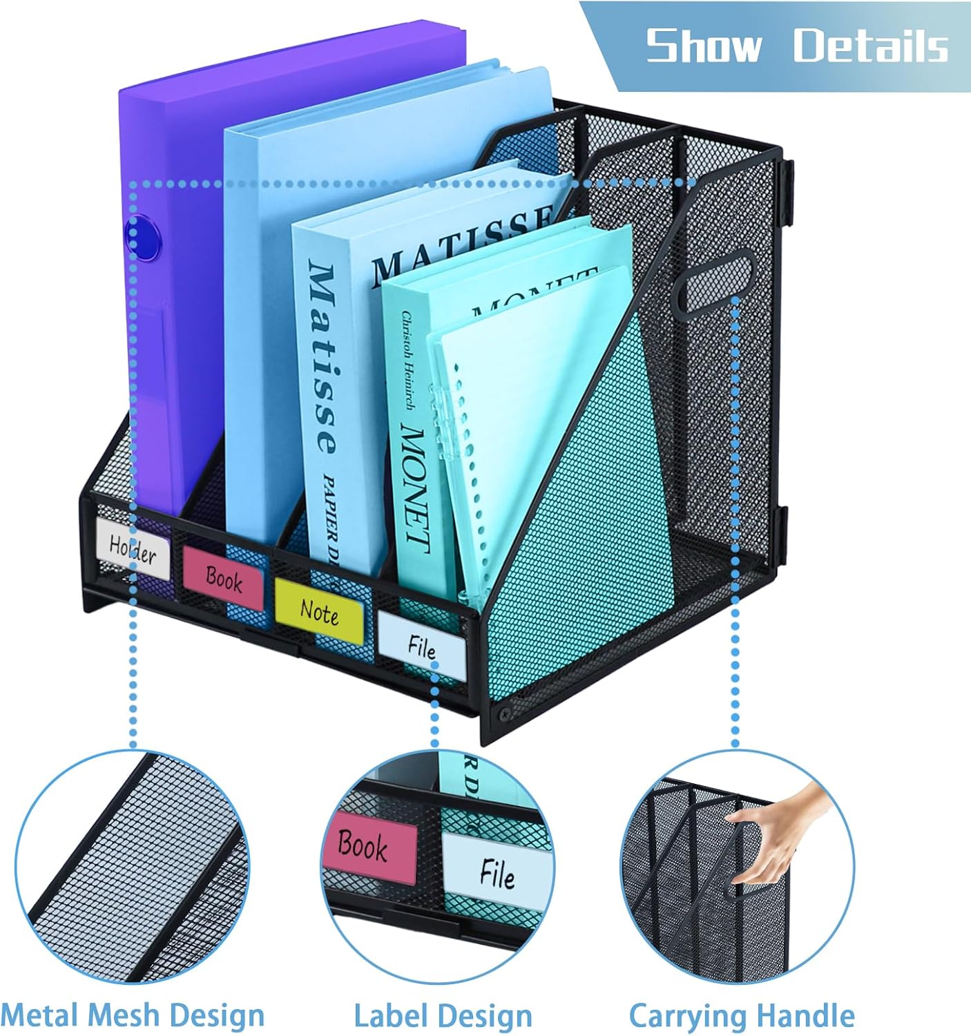 Skiennix Metal Magazine File Holder - Stylish Desktop Organizer with 4 Vertical Compartments for Home & Office