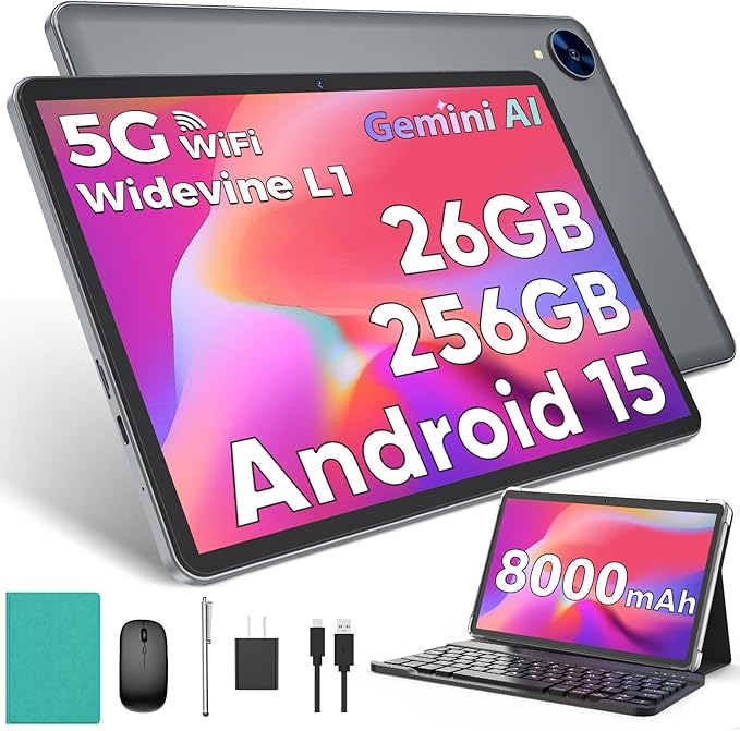 2026 Android 15 Tablet with Keyboard, 26GB RAM, 256GB ROM(2TB Expand), 10 inch tablet with Octa-core, Gemini AI, 8000mAh, 2.4G/5G WiFi, BT 5.0, 5MP+13MP, Tablets with Case, Mouse, Stylus (Green Case)