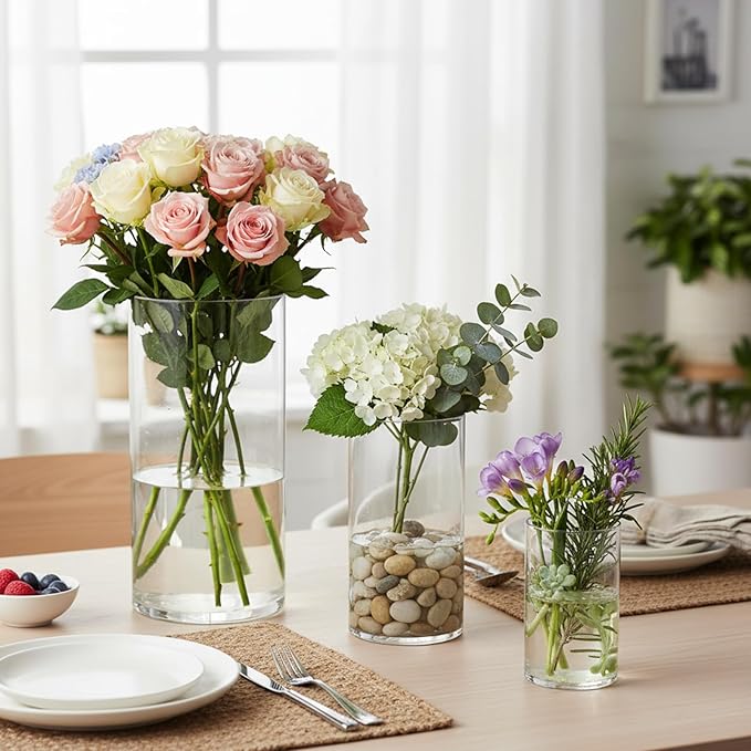 12 Pack Cylinder Vases for Centerpieces 4, 6, 8 Inch Tall Acrylic Cylinder Clear Flower Vase Set Home Decor Centerpiece Table Clear Flower Vase Decorations for Table Shelf, Party, Wedding