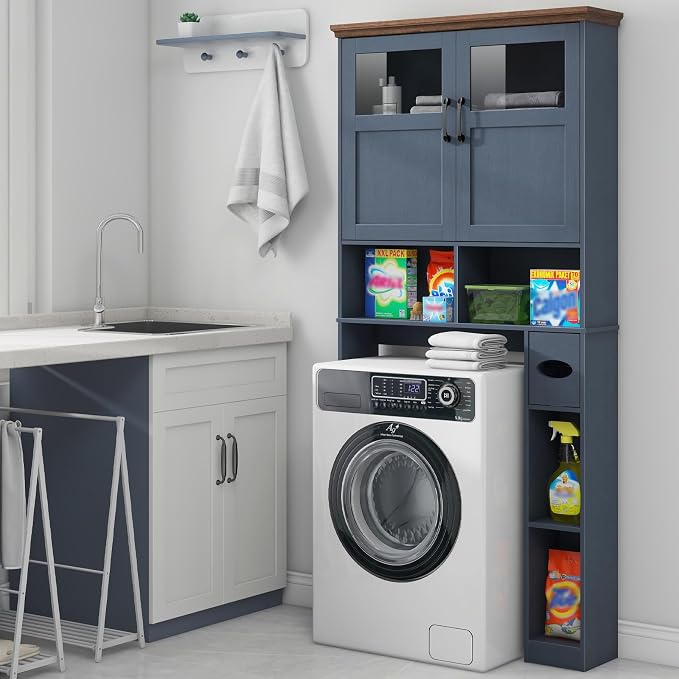Vabches Over The Toilet Storage Cabinet, Storage Cabinet Over Toilet with Double Doors & Toilet Paper Holder Stand, Freestanding Toilet Shelf Space Saver with Anti-Tip Design & Adjustable Shelf, Blue