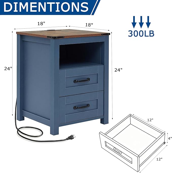 Farmhouse Night Stand, Rustic Blue Nightstand for Bedroom, End Tables with Charging Station, Bedside Table with Drawers, Wood Bedside Cabinet Dresser