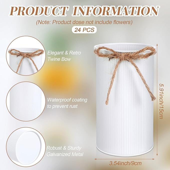 Domensi 5.91 in High Farmhouse Vase Decor Galvanized Metal Flower Vase with Twine Bow Vintage Rustic Tin Flower Buckets for Artificial Floral Table Container DIY(White,24 Pcs)