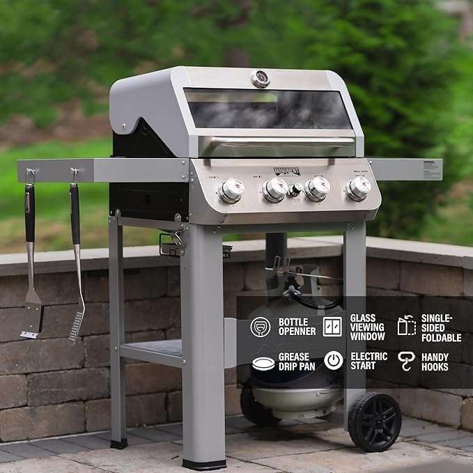 Monument Grills 4-Burner Liquid Propane Gas Grill, Silver Stainless Steel Grill Outdoor Patio Garden Barbecue Grill with Clearview® Lid and One Foldable Shelf, Mesa400MF