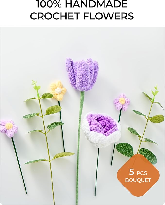 Crochet Flowers Bouquet Gift for Wife Girlfriend Fiancee Mother Women, Handmade Artificial Knit Purple Rose Tulip Flower for Wedding Anniversary Birthday Valentine's Day Present, Home Decor