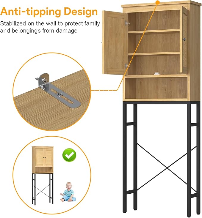 knoworld Rattan Over The Toilet Storage Cabinet, Metal Stand Above Toilet Bathroom Organizer, Behind Toilet Cabinet with Adjustable Shelf, Space Saver for Restroom, Bathroom, Laundry, Natural
