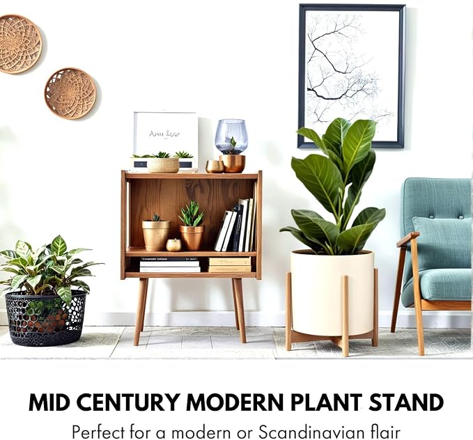 Fox & Fern Bamboo Plant Stand — 14.9 Inch Fixed Size Wooden Mid Century Planter Stand for Indoor Plants (Not Included) - Extra Large Flower Pot Holder for Indoor Big Pots - Plug In Design - Bamboo