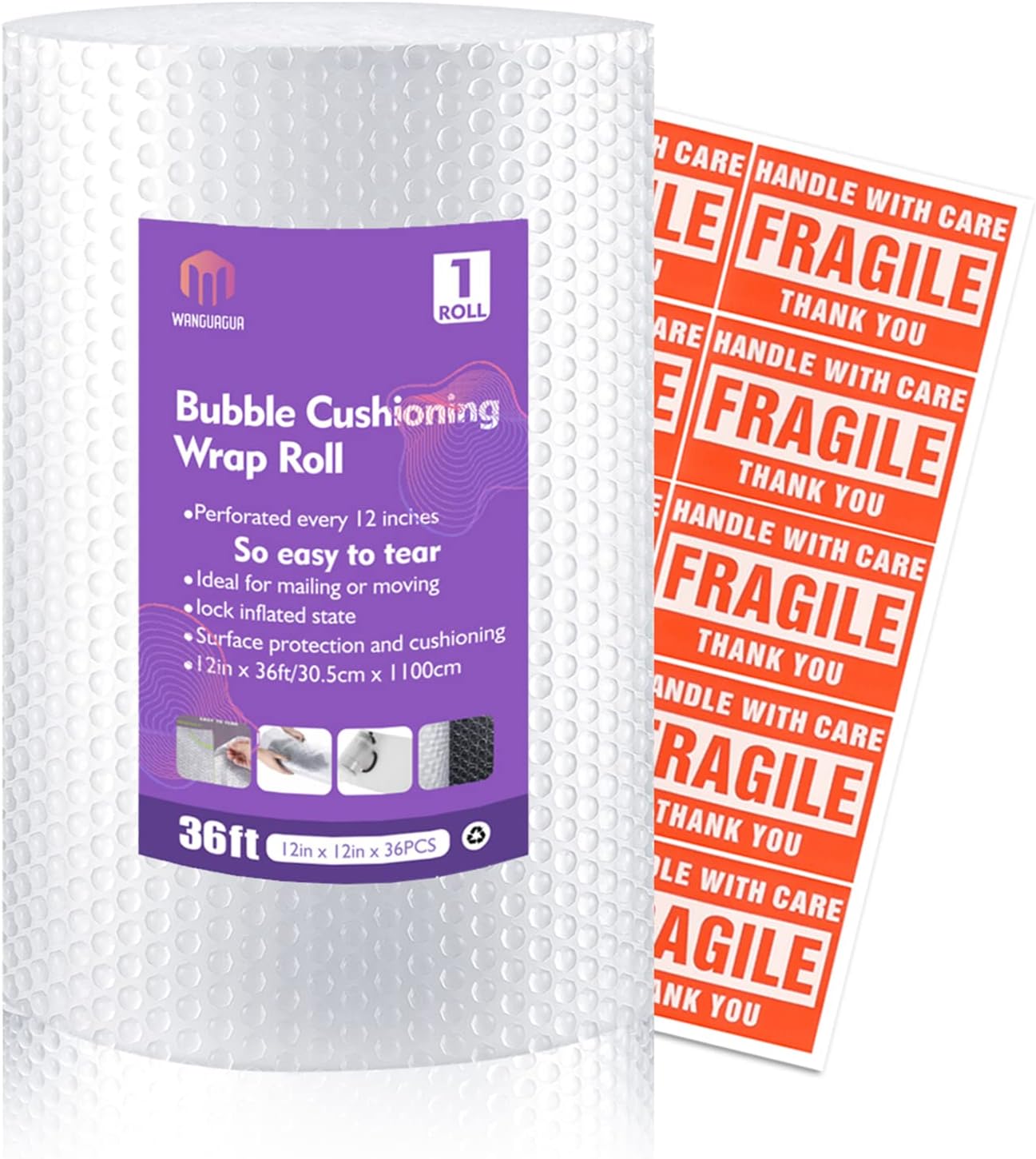 Wanguagua Perforated Nylon Bubble Packing Wrap - 12" x 36' Roll for Moving & Shipping Protection